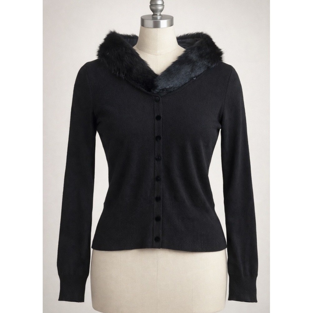 Vintage Emma James by Liz Claiborne Cardigan Black Rabbit Fur Collar AMAZING S